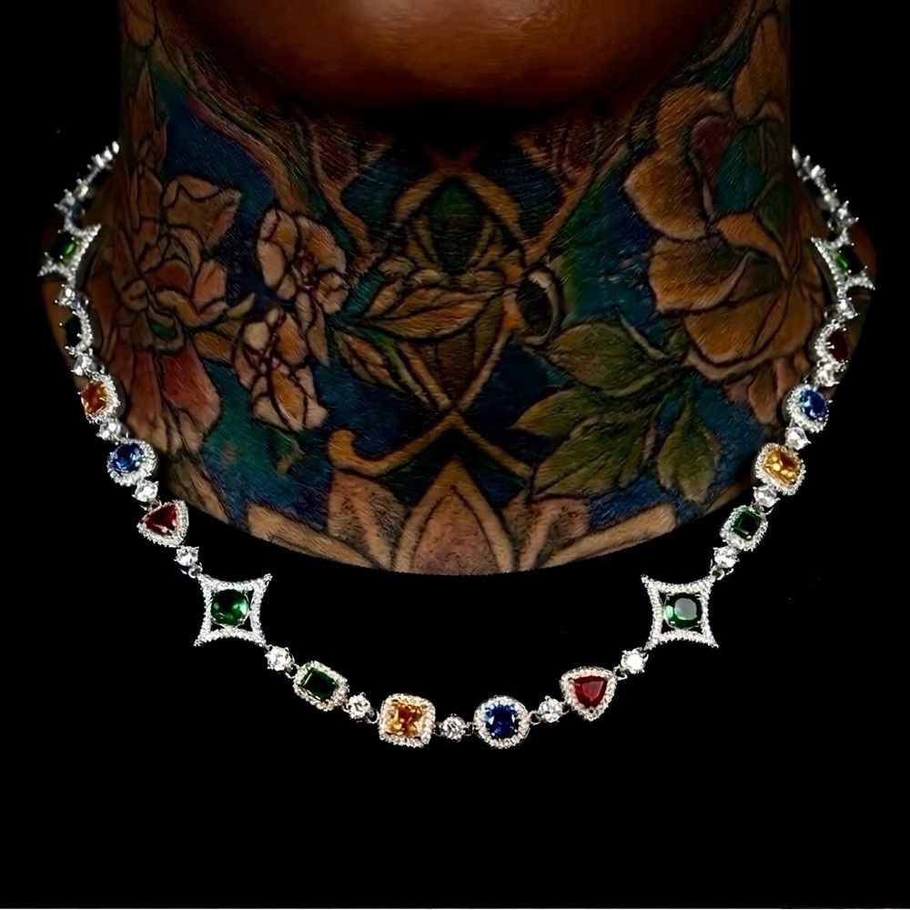 Silver Multicolor Gemstone  Necklace - 20inch - Picture 4 of 5
